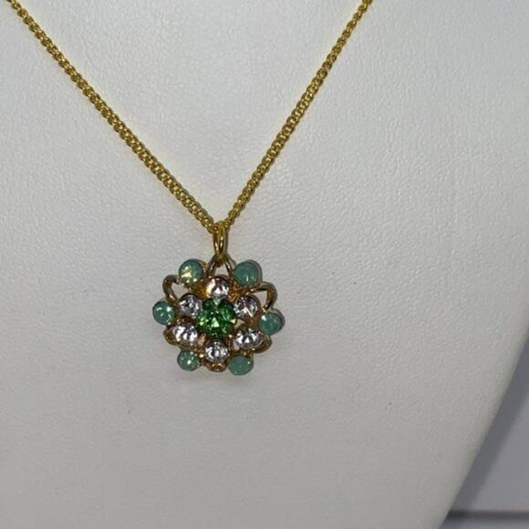 Gold-Tone Turquoise Green Rhinestone Necklace - Picture 4 of 13